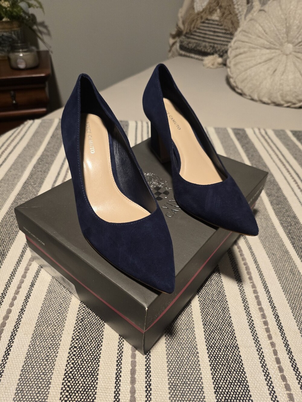 Vince Camuto Navy Suede Pointed Toe Mid Block Heels
